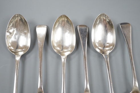 A set of six William IV provincial silver Old English pattern dessert spoons, Whitwell, Barber & North, York, 1832, 7oz.